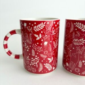 Starbucks | Two Holiday Coffee Mugs Candy Cane Handle Woodland Animals
